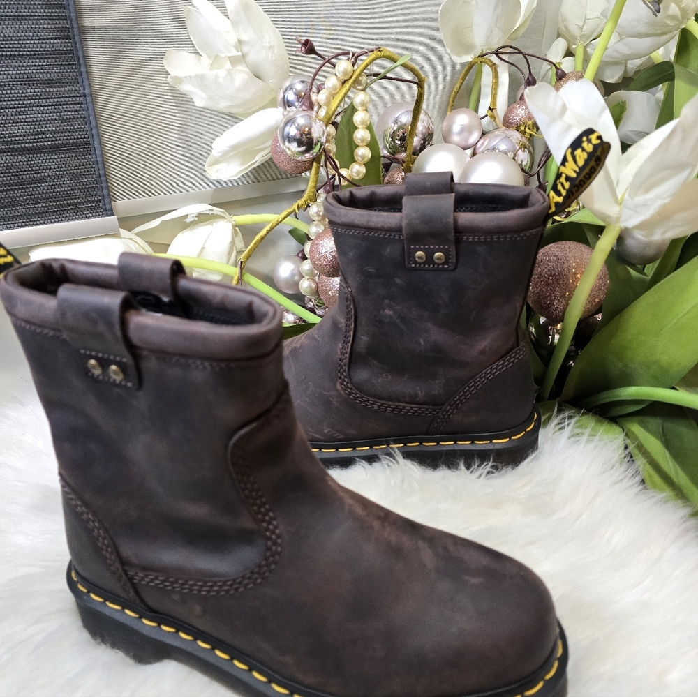 Dr Martens Anistone Lo Leather Biker Boots  Dark Brown Burnished Waxy New - Picture 3 of 6